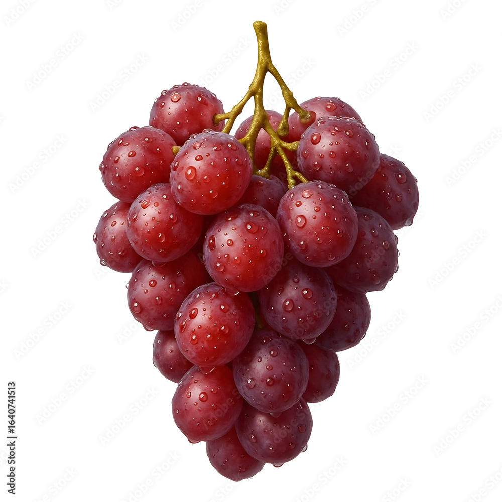 Fototapeta premium Juicy bunch of red grapes with water droplets on transparent background.