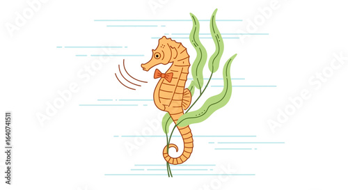 Charming Seahorse With Bowtie Swimming Gracefully Among Seaweed In Ocean Depths