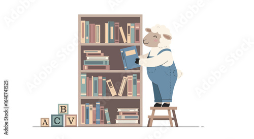 Charming Sheep Character Placing Book on Shelf in Cozy Library Illustration