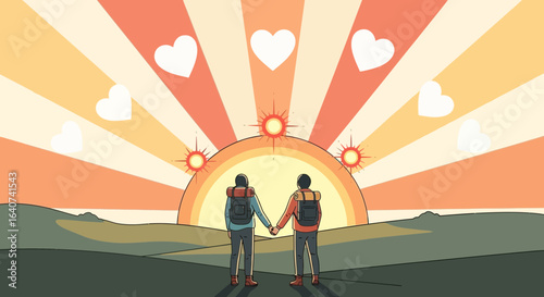 Couple hiking together towards the rising sun with hearts in a vintage style