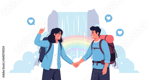Couple Hiking Together in Nature Enjoying the Scenery and Feeling Romantic Exploring Beautiful Waterfall with Rainbow