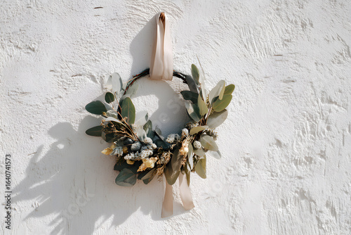 Beautiful decorative wreath with eucalyptus on white wall background