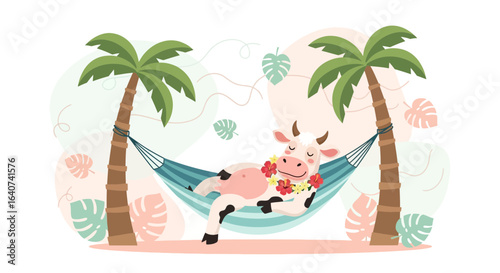 Charming tropical getaway featuring a blissful cow enjoying a hammock tied to palm trees an idyllic scene