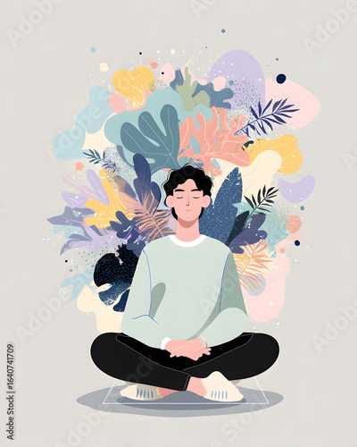 Calm Young Man Meditating Surrounded by Colorful Nature Elements