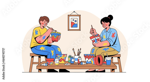 Couple Painting Flowerpots Together Sharing Artistic Creative Hobby Having Fun