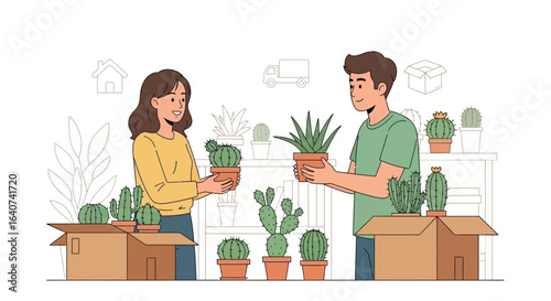 Couple Moving House With Cacti And Succulents Enjoying New Home Decorations
