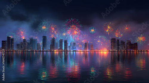 Vibrant Fireworks Display Over City Skyline at Night with Reflection