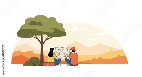 Couple Planning Adventure Trip Under Tree With Map In Mountain Landscape