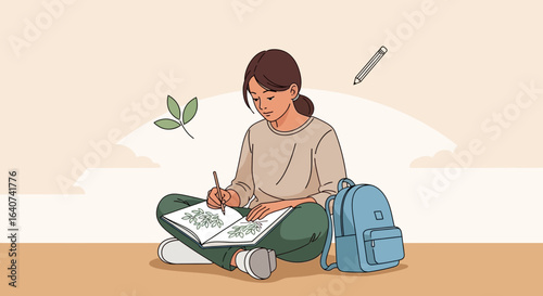 Creative Girl Sketching Nature In Her Notepad Sitting With A Backpack
