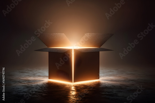 Mysterious Glowing Box Illuminating Dark Background in Studio Setting