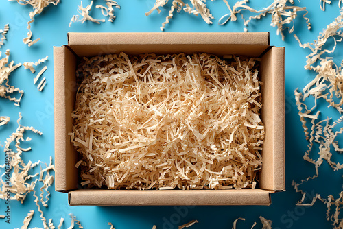 Box with Wood Shavings on Blue Background for Packing Needs