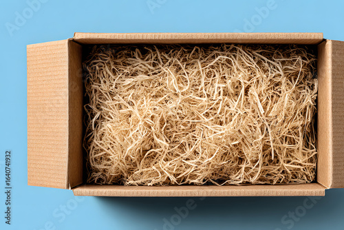 Empty cardboard box filled with natural shredded paper filler material