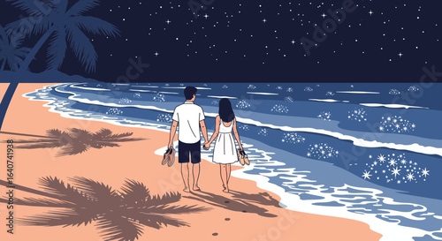 Couple Strolling On Sandy Beach Under Starry Night Sky During Summer Vacation