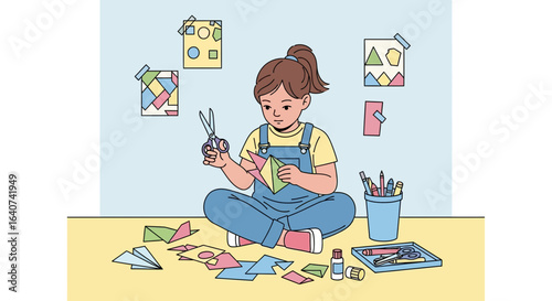 Creative Little Girl Engaged in Paper Crafts and Artistic Activities at Home