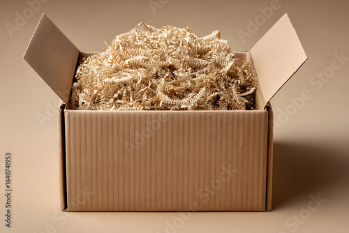 Open cardboard box filled with shredded paper filler for packaging