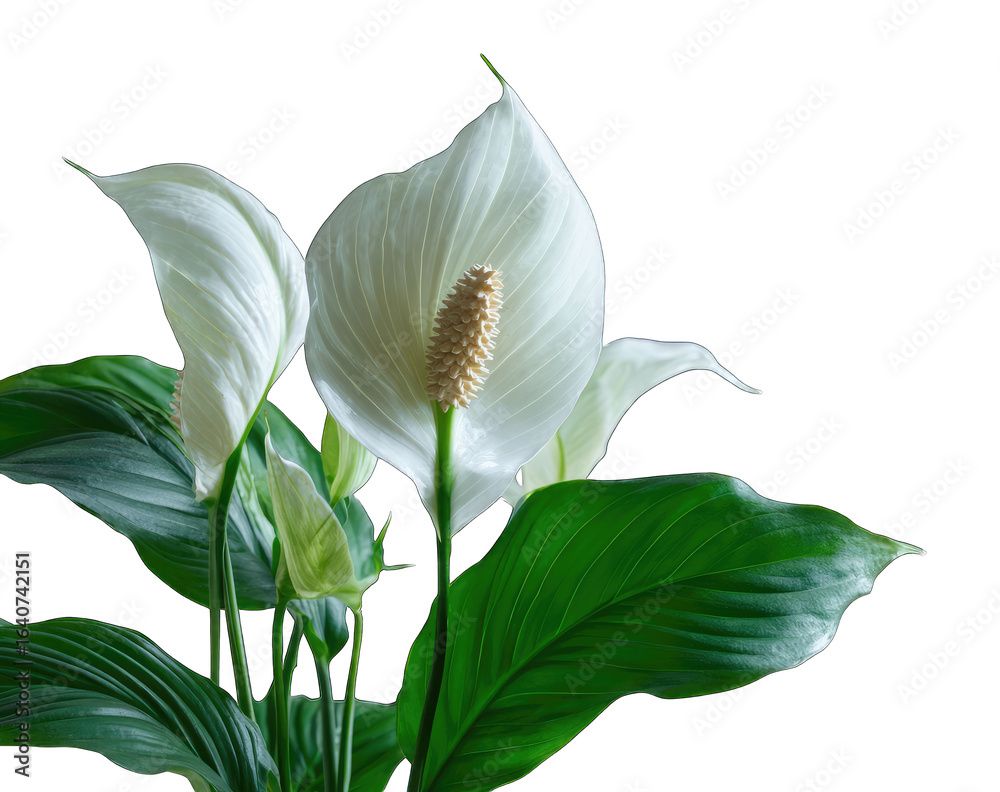 Obraz premium Close-up of three white peace lilies, lush green leaves