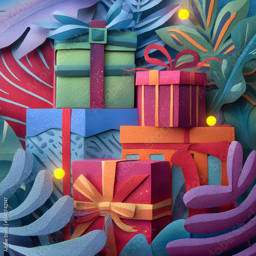 Colorful Gift Boxes Surrounded by Tropical Leaves and Decorative Lights