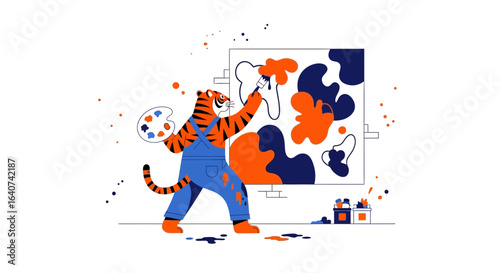Creative Tiger Artist Painting Abstract Shapes On Canvas With Vibrant Colors