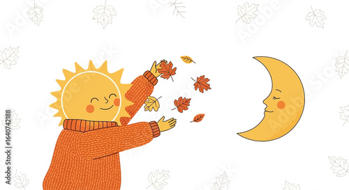 Cozy Autumnal Illustration Of The Sun And Moon Sharing Fall Foliage
