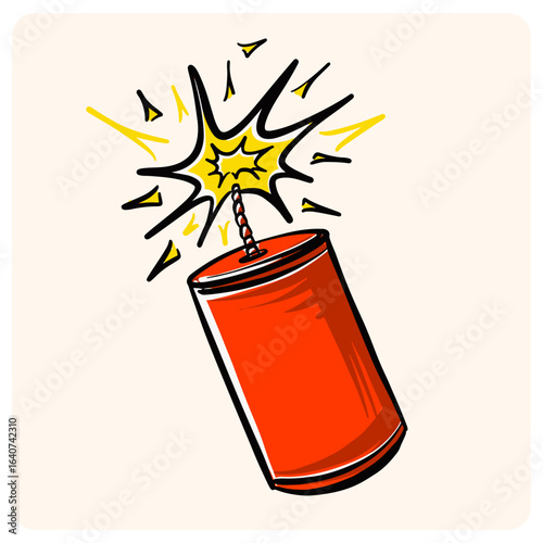 A brightly colored hand-drawn firecracker. A cartoon doodle of a dynamite stick with a lit fuse.