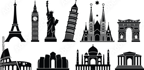 Famous landmarks silhouette vector set, world monuments icons, travel destination clipart, architecture illustrations for print, design, tourism posters, education materials, and global projects