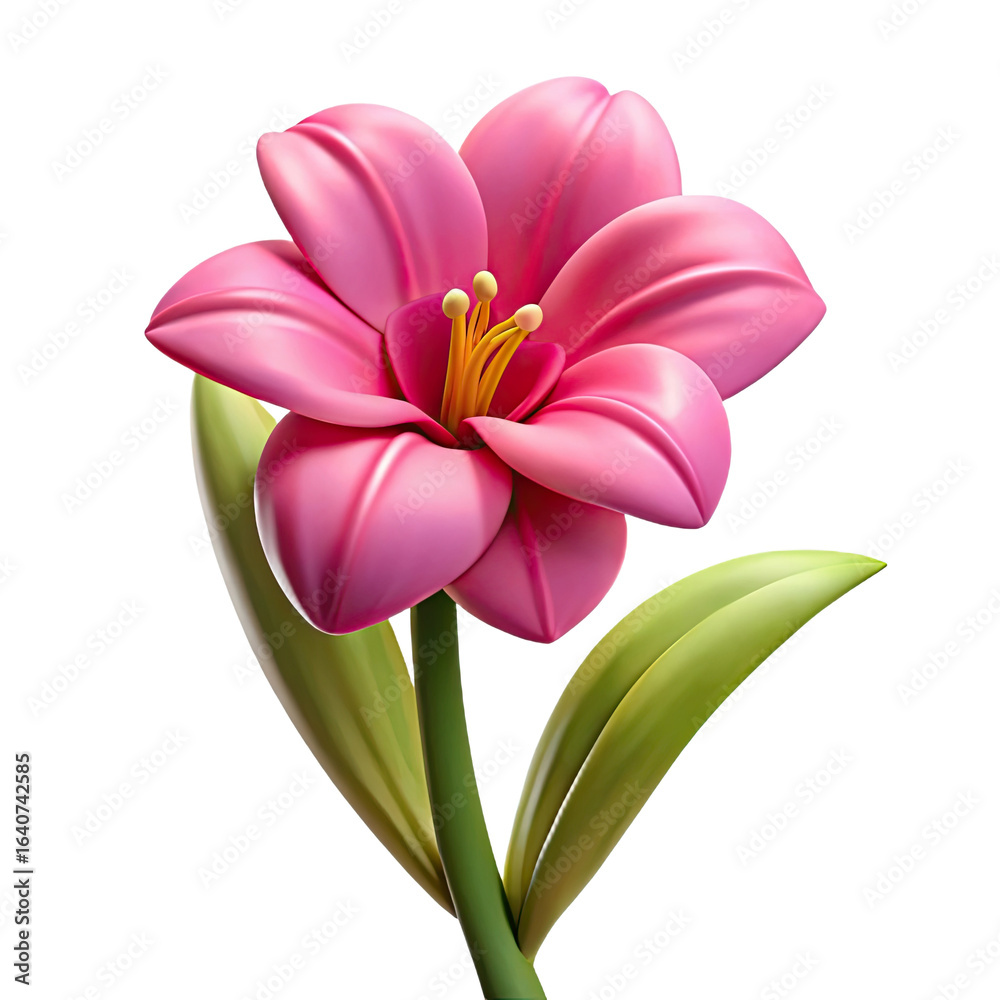 Fototapeta premium Vibrant pink lily flower with green leaves on white background