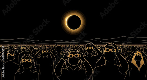 Crowd Gazing At A Solar Eclipse Wearing Safety Glasses Drawn In Gold On Black