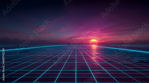 Neon Sunset Over a Grid Landscape in a Vibrant Futuristic Style