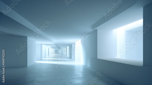 Wallpaper Mural Abstract Architectural Interior Perspective with Light and Shadows, Modern White Corridor Space, Long Hallway Tunnel Torontodigital.ca