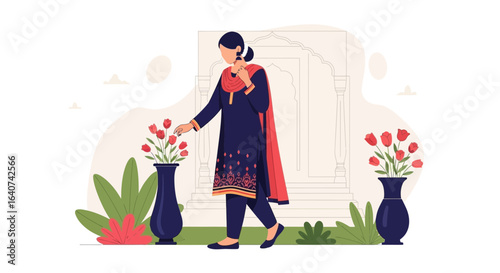 Cultural Connection Woman Arranging Flowers Near Traditional Indian Architecture