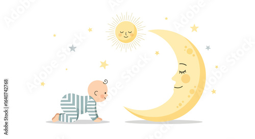 Cute baby crawling towards the moon and sun illustration on white background for kids room decoration and products