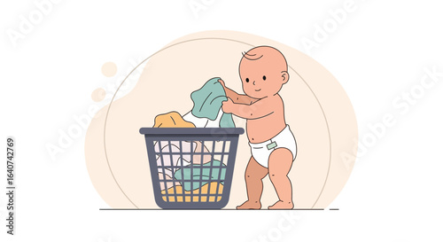Cute baby doing laundry illustration expressing childhood innocence and playful domesticity portraying modern parenting challenges