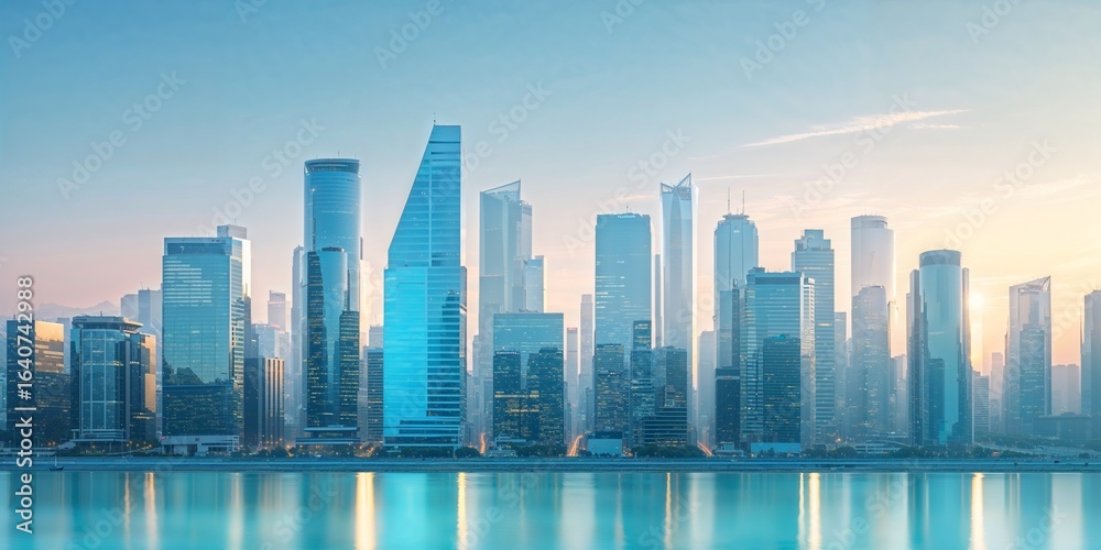 Fototapeta premium Business, City Skyline in Soft Morning Light Website Hero Banner.
