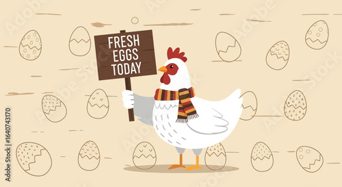 Cute Cartoon Chicken Holding A Fresh Eggs Today Sign On Beige Background