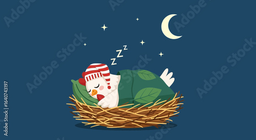 Cute cartoon chicken sleeping in a nest under the moon and stars at night