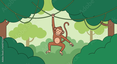 Cute cartoon monkey hanging from a vine in a vibrant tropical forest illustration