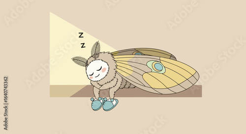 Cute Cartoon Moth Sleeping Peacefully by the Wall, Wearing Slippers Depicting a Moment of Rest and Comfort