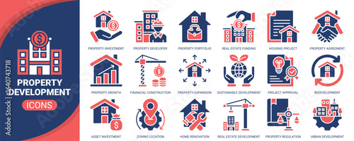 Property development icon set. Containing icon of real estate investment, property investment, real estate development, property growth, housing project and more. Solid vector icons collection.
