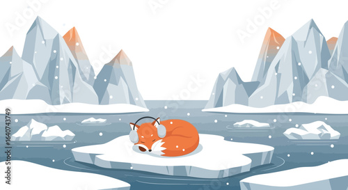 Cute fox illustration sleeping on iceberg wearing earmuffs in arctic landscape