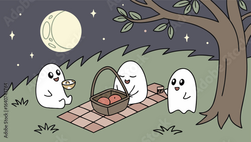 Three adorable cartoon ghosts enjoy a peaceful nighttime picnic under the moonlight and a large tree sharing food from a basket