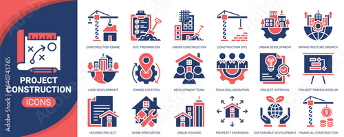 Project construction icon set. Containing icon of construction crane, blueprint planning, construction site, home renovation, urban development and more. Solid vector icons collection.