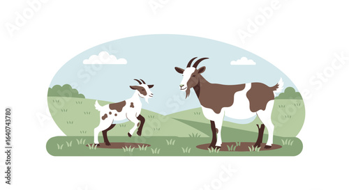 Cute Goat Family Illustration In Rural Farm Field Background Scene Design