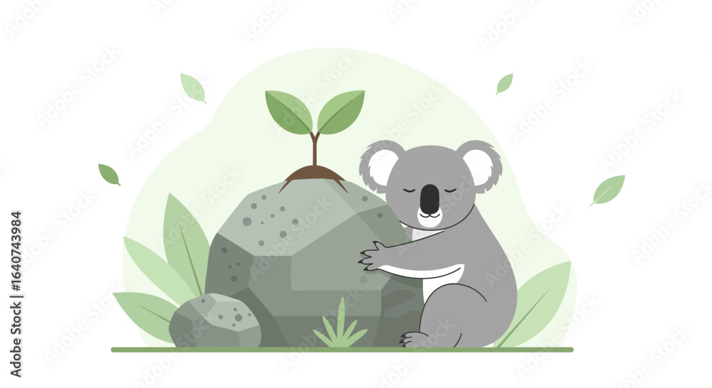 Fototapeta premium Cute koala hugging a rock with a small plant growing, in a peaceful scene