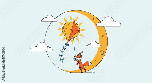 Cute Illustration of Fox Flying Kite in Sky with Clouds and Moon Background