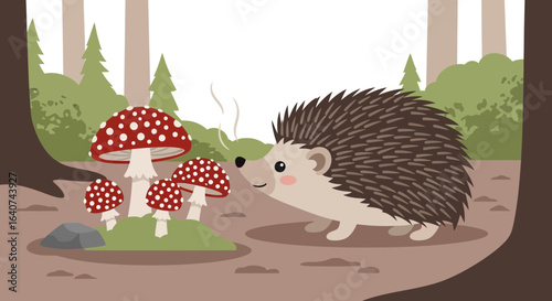 Cute Hedgehog Sniffing Mushrooms in a Forest Cartoon Illustration Nature Scene