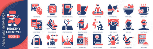Healthy lifestyle icon set. Containing icon of healthy diet, fitness tracker, wellness journal, yoga pose, smoothie glass and more. Solid vector icons collection.