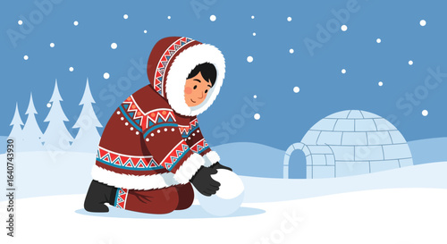 Cute Inuit child making a snowman in the winter landscape near an igloo, snowing scene, cartoon illustration portraying winter activities