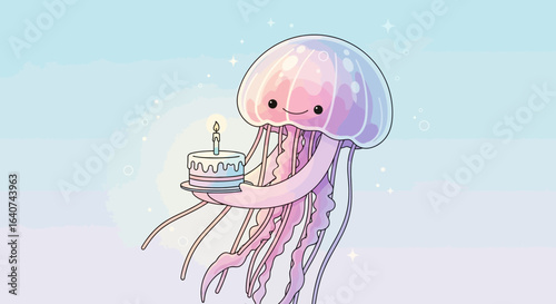 Cute Jellyfish Character Holding Birthday Cake with Candle in Pastel Colors Celebration