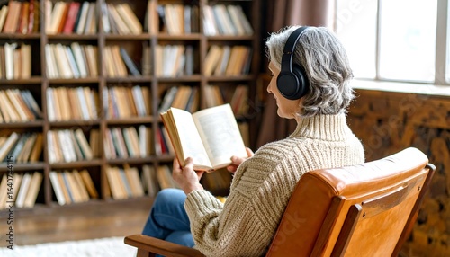 Serene senior woman enjoys audiobook and book in cozy library, embracing knowledge and relaxation.
