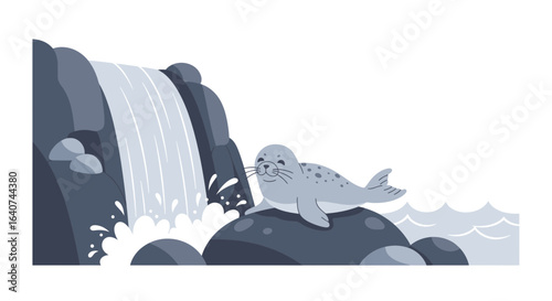 Cute Seal Resting Near The Waterfall In Cartoon Vector Style Illustration